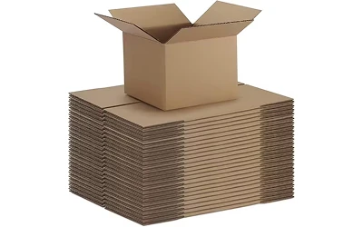 Open corrugated box placed on stacked kraft boxes